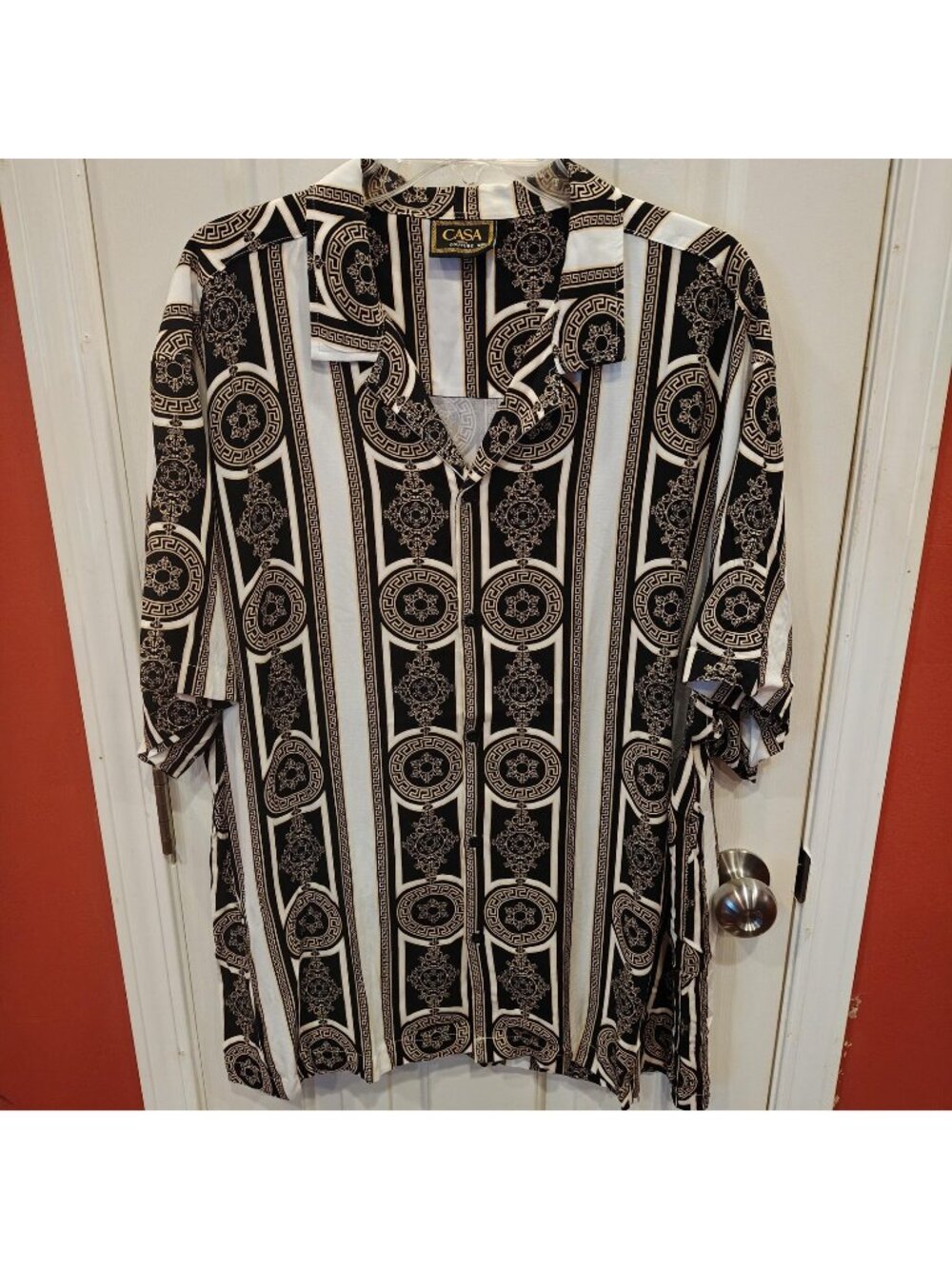 Casa Moda Shirt Mens 3XL Black Baroque Medallion Greek Key Button Up Rayon